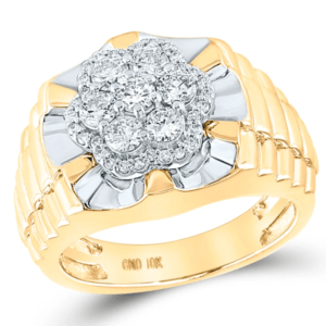1ct Round Diamond Two-tone Yellow White Gold Mens Flower Cluster Ribbed Ring